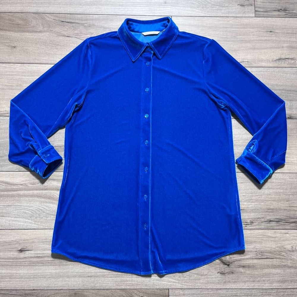 Soft Surroundings Womens Velvet Boyfriend Tunic Shirt Size Medium Cobalt Blue‎